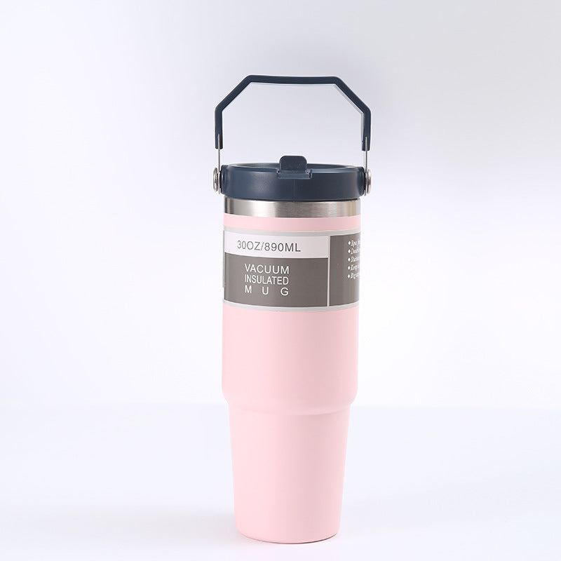 Shopi Vella pink portable stainless steel travel mug with vacuum insulation and black handle