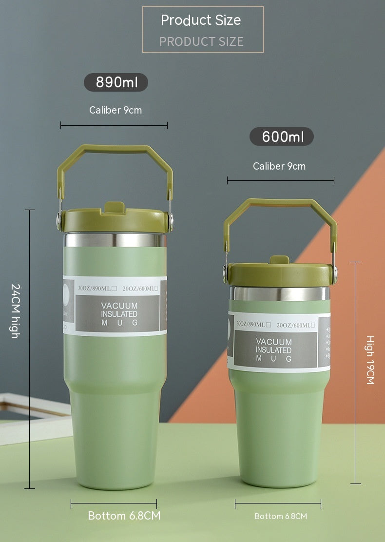 Shopi Vella portable stainless steel travel mug in green with vacuum insulation and handle available in 890ml and 600ml sizes
