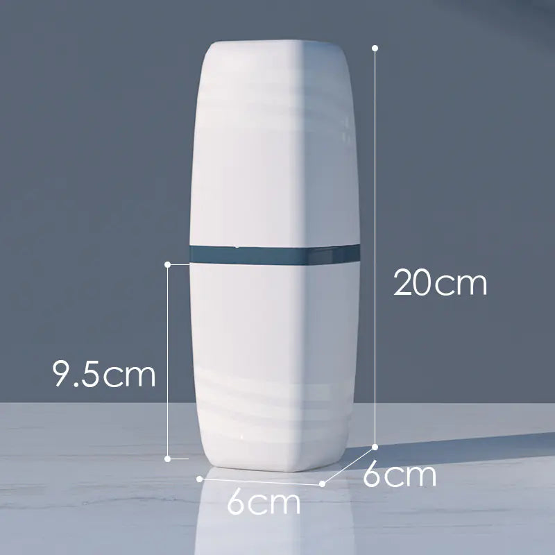 White portable toothbrush travel case with compact dimensions 20cm height and 6cm width