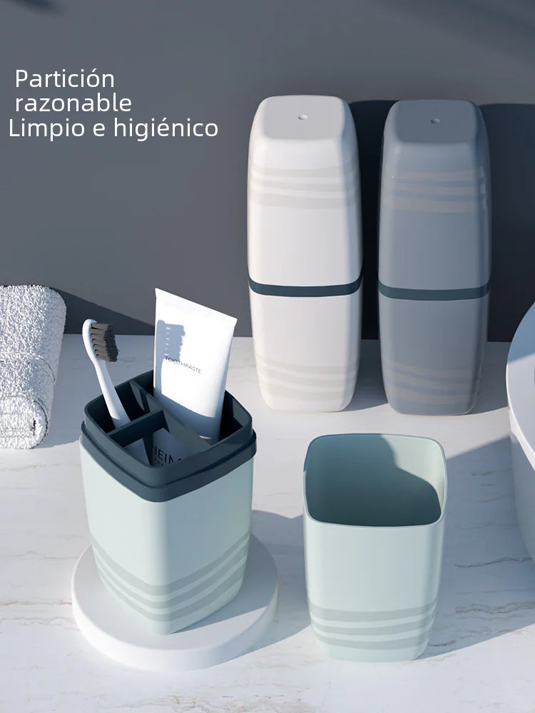 Portable toothbrush travel case with compartments holding toothbrush and toothpaste in bathroom setting