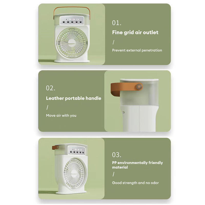 Portable USB air conditioner fan with fine grid air outlet, leather handle, and eco-friendly PP material