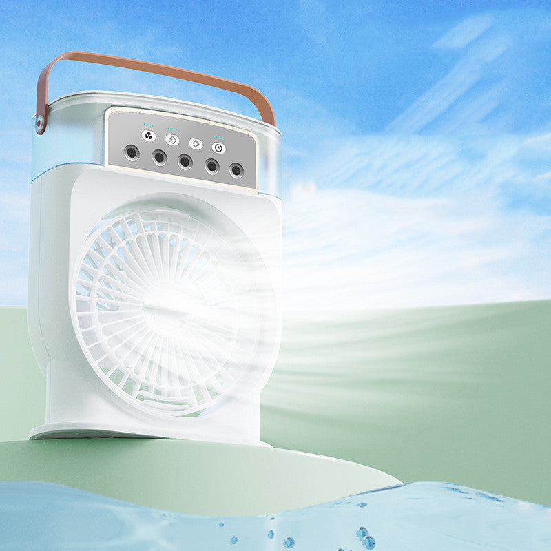 Shopi Vella portable USB air conditioner fan with white body and leather handle blowing cool air outdoor