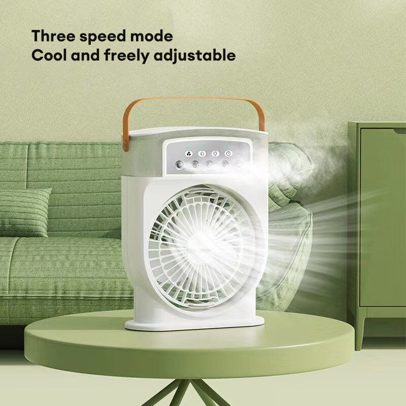 Shopi Vella portable USB air conditioner fan with three speed mode and adjustable cooling on a green table