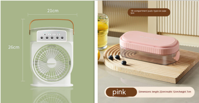 Shopi Vella portable USB air conditioner fan with handle and compact design next to a pink 18-compartment stationery storage box