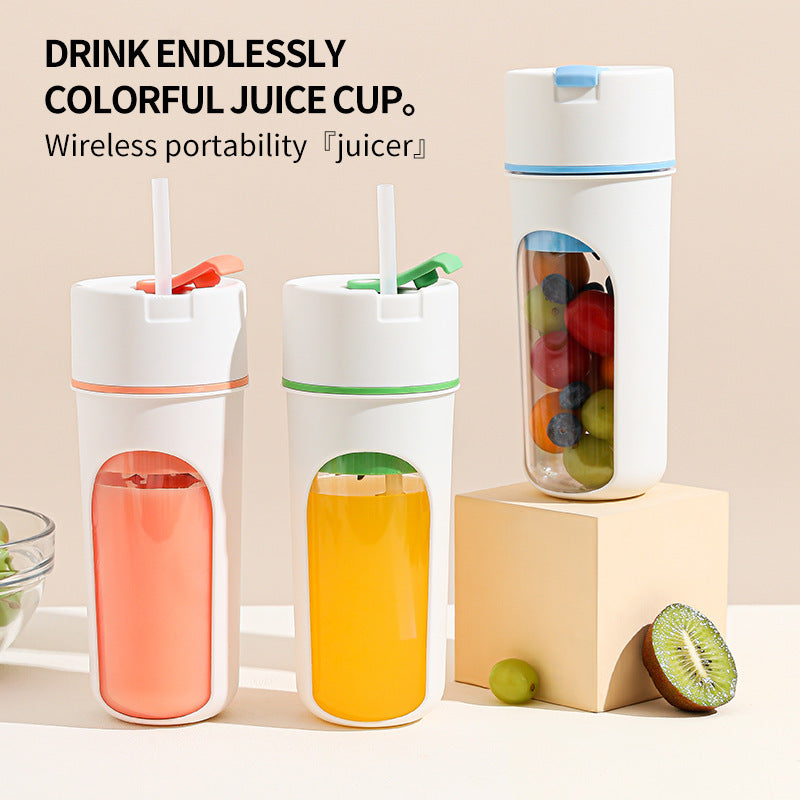 Shopi Vella wireless portable juicer cup set with orange, yellow juice and fresh fruit inside