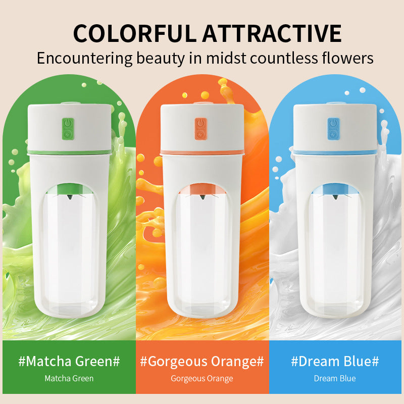 Shopi Vella wireless portable juicer cup in matcha green, gorgeous orange, and dream blue colors