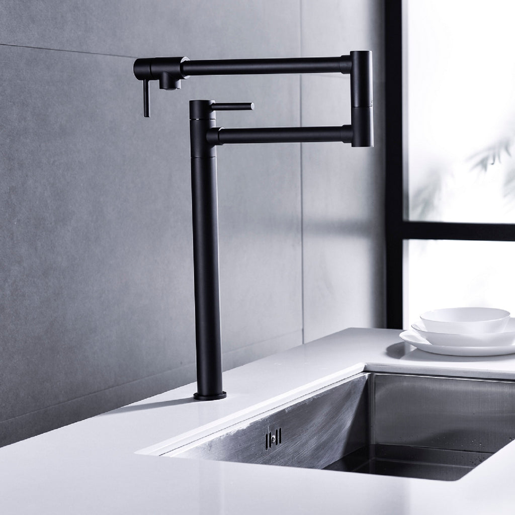 Shopi Vella modern black pot filler faucet with extended handle installed over kitchen sink