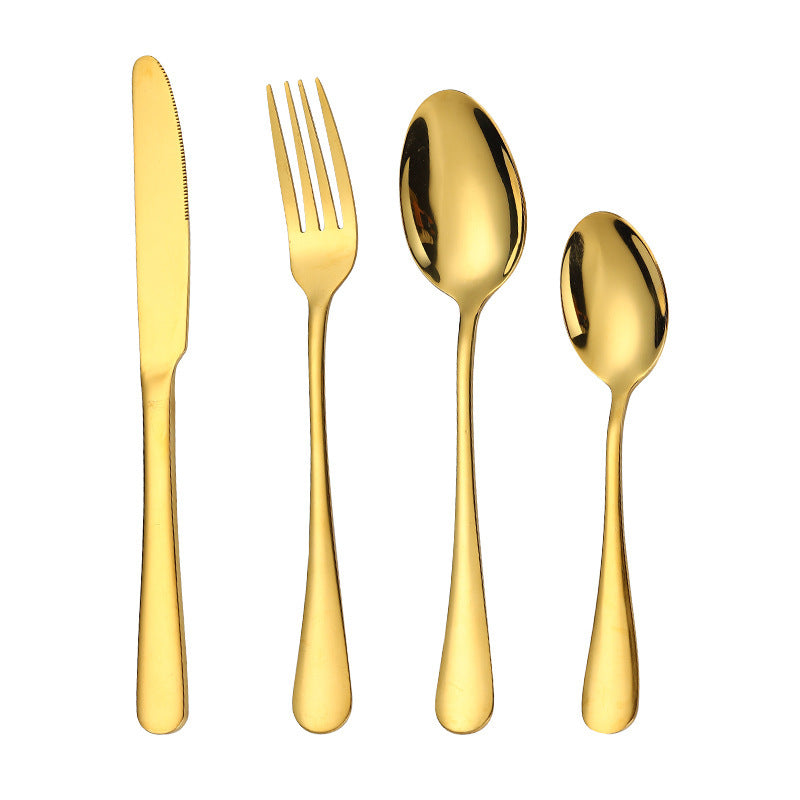 Gold flatware set including knife fork spoon and teaspoon from Shopi Vella premium dinnerware for entertaining