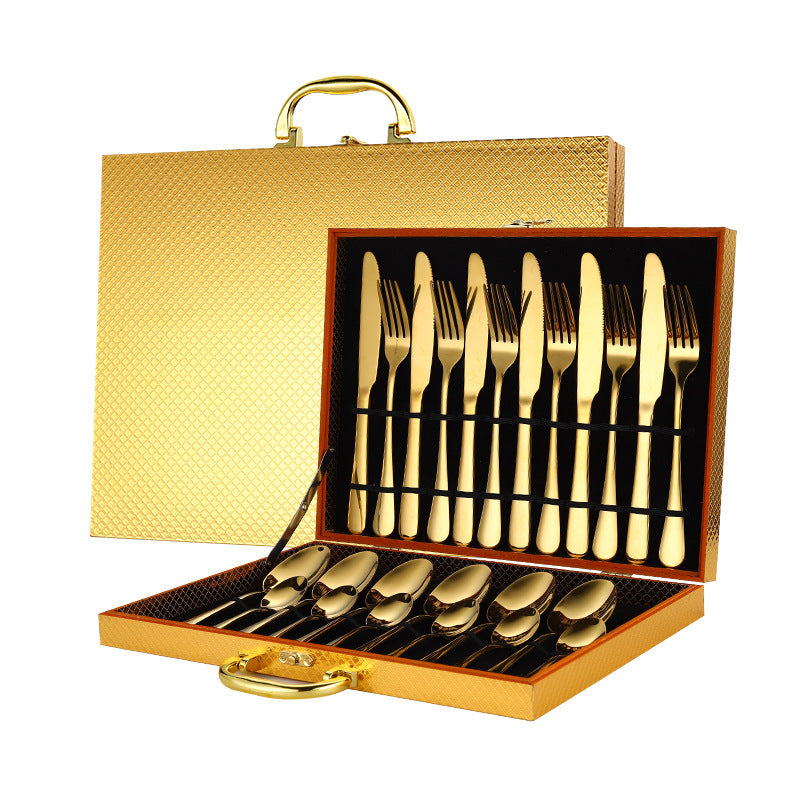 Shopi Vella premium dinnerware for entertaining with gold cutlery set in elegant carrying case