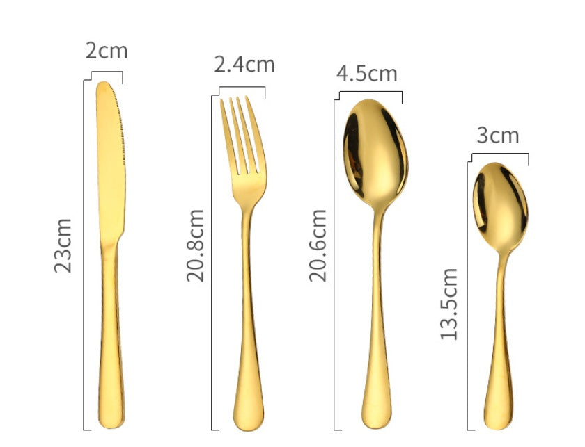 Shopi Vella gold cutlery set with knife, fork, spoon, and teaspoon measuring dimensions premium dinnerware for entertaining