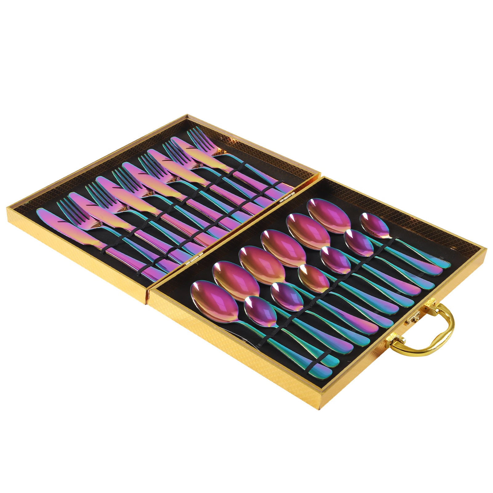 Iridescent cutlery set with forks, knives, and spoons in a gold case for premium dinnerware for entertaining