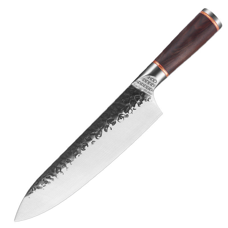 Shopi Vella premium forged steel chopping knife with hammered blade and wooden handle