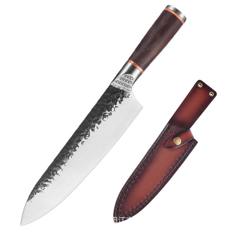 Shopi Vella premium forged steel chopping knife with hammered blade and wooden handle with leather sheath