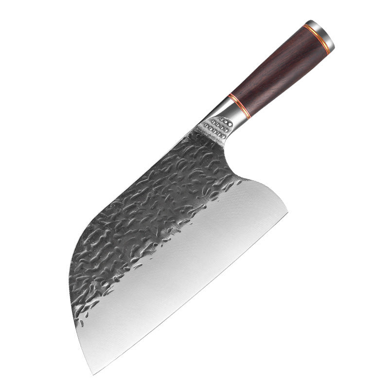 Shopi Vella premium forged steel chopping knife with textured blade and wooden handle