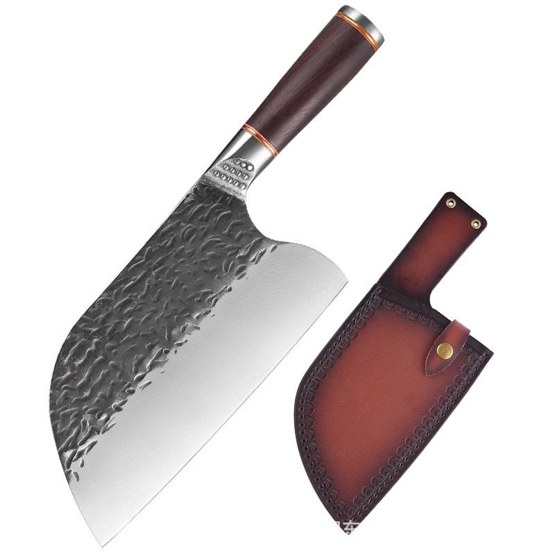 Shopi Vella premium forged steel chopping knife with textured blade and wooden handle alongside brown leather sheath