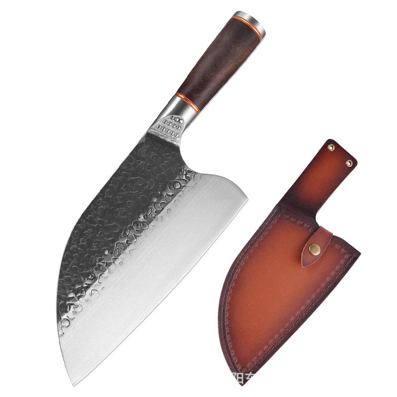 Shopi Vella premium forged steel chopping knife with textured blade and wooden handle with leather sheath