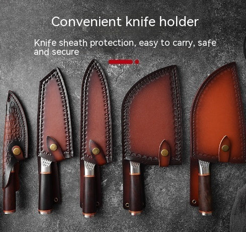 Set of premium forged steel chopping knife with wooden handles and leather sheaths for protection
