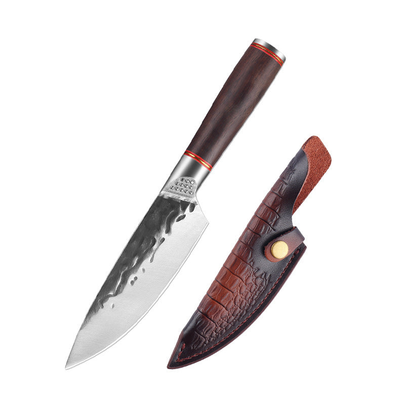 Shopi Vella premium forged steel chopping knife with wooden handle and textured leather sheath