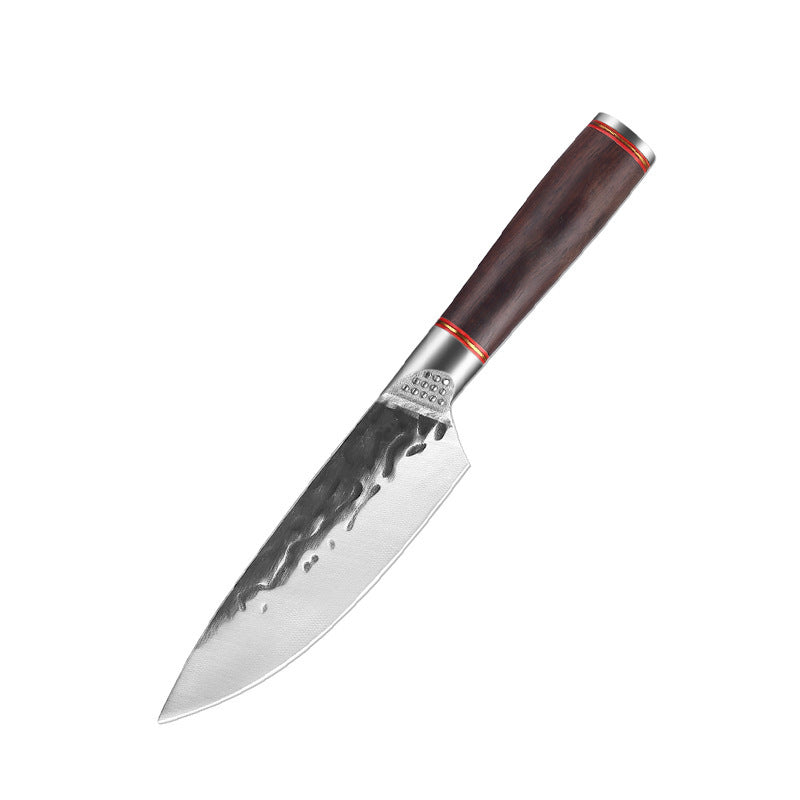 Shopi Vella premium forged steel chopping knife with textured wooden handle for precise cutting