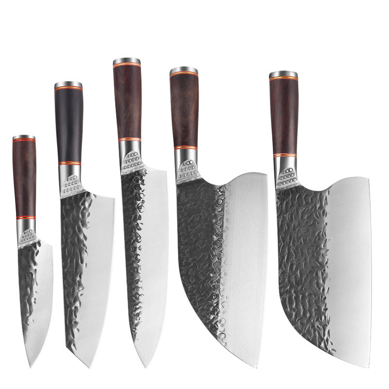 Set of five Shopi Vella premium forged steel chopping knives with hammered blades and dark wooden handles