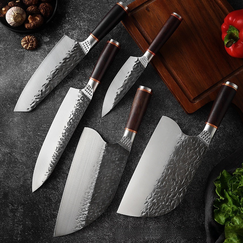 Shopi Vella kitchen knives set featuring premium forged steel chopping knife with textured blades and wooden handles