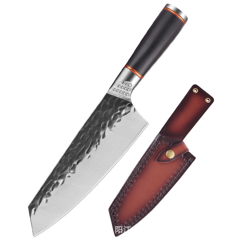 Shopi Vella premium forged steel chopping knife with textured blade and black ergonomic handle with leather sheath