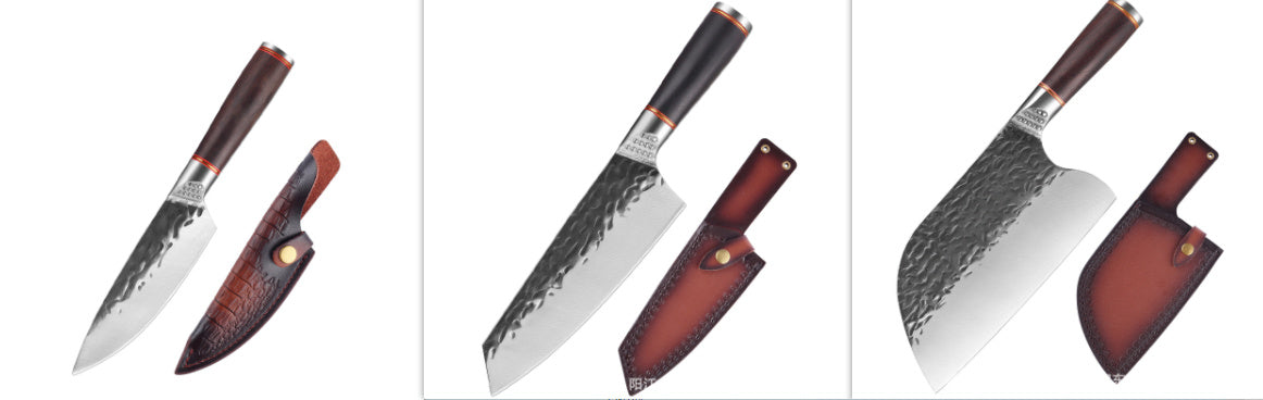 Shopi Vella premium forged steel chopping knife with textured blade and leather sheath in three designs