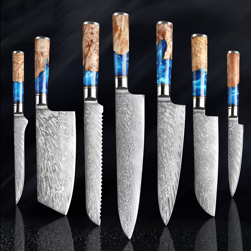 Shopi Vella meat chopping knife set with wooden and blue resin handles and patterned steel blades