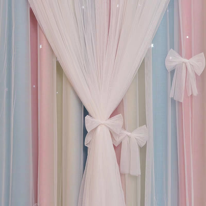 Shopi Vella princess style bedroom curtains with sheer white fabric and bow tiebacks in pastel colors
