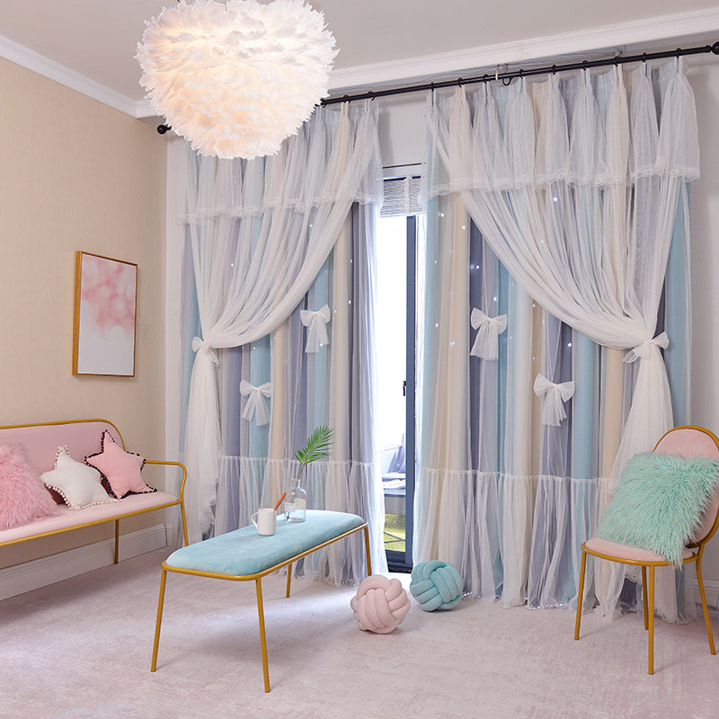 Princess style bedroom curtains with sheer white bows in a cozy pastel bedroom setting
