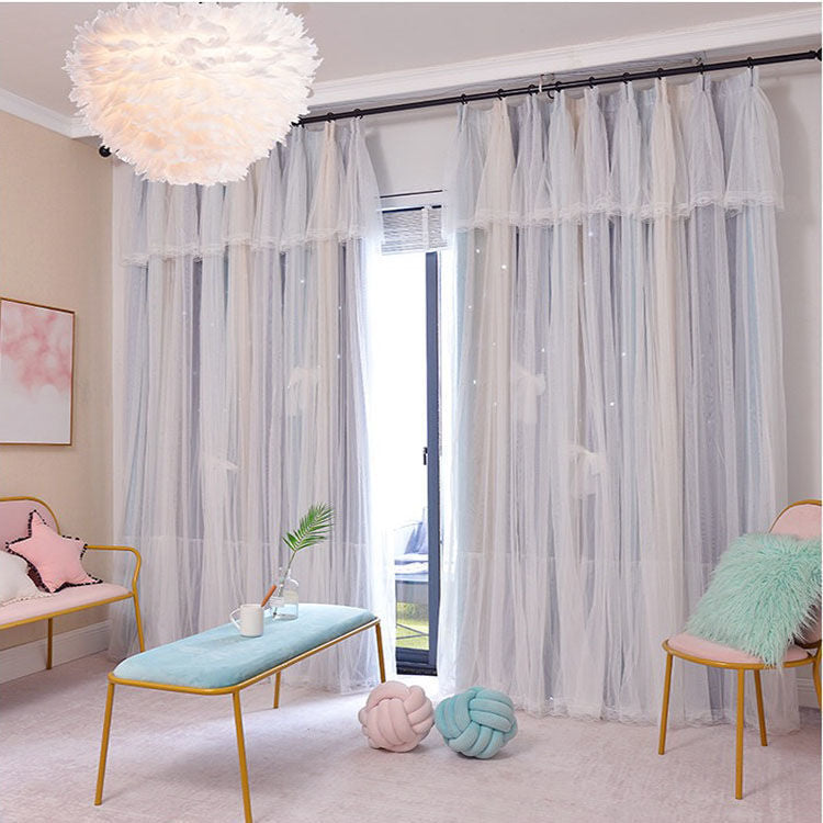 Light and airy princess style bedroom curtains in white sheer fabric with layered ruffles in a bright cozy room