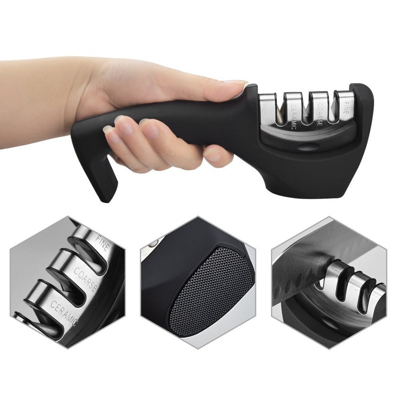Shopi Vella professional knife sharpener with ergonomic handle and three sharpening slots for fine coarse and ceramic edges