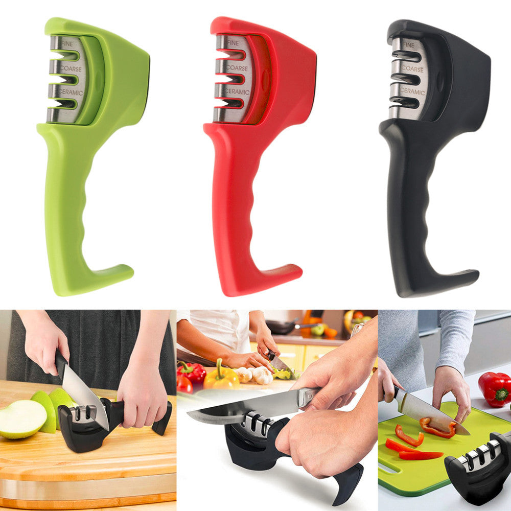 Shopi Vella professional knife sharpener in green red and black with ergonomic handle for kitchen use