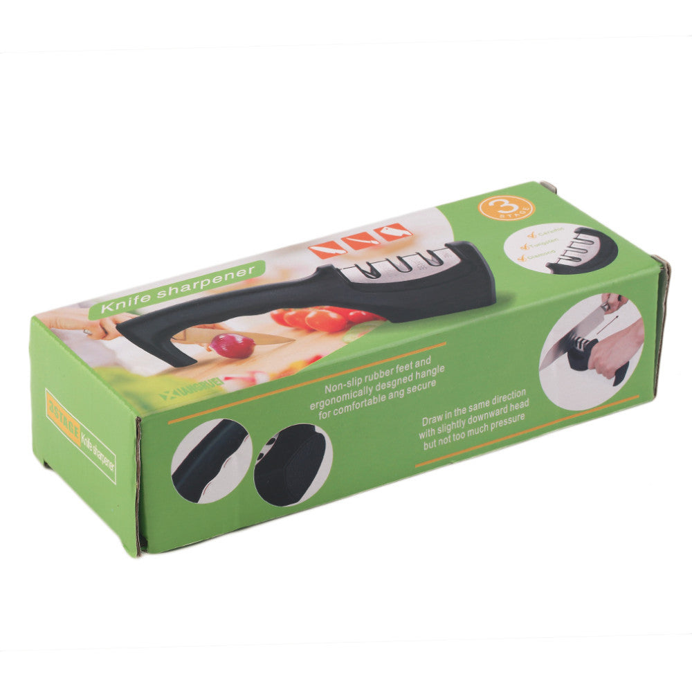 Shopi Vella professional knife sharpener with ergonomic handle in green packaging