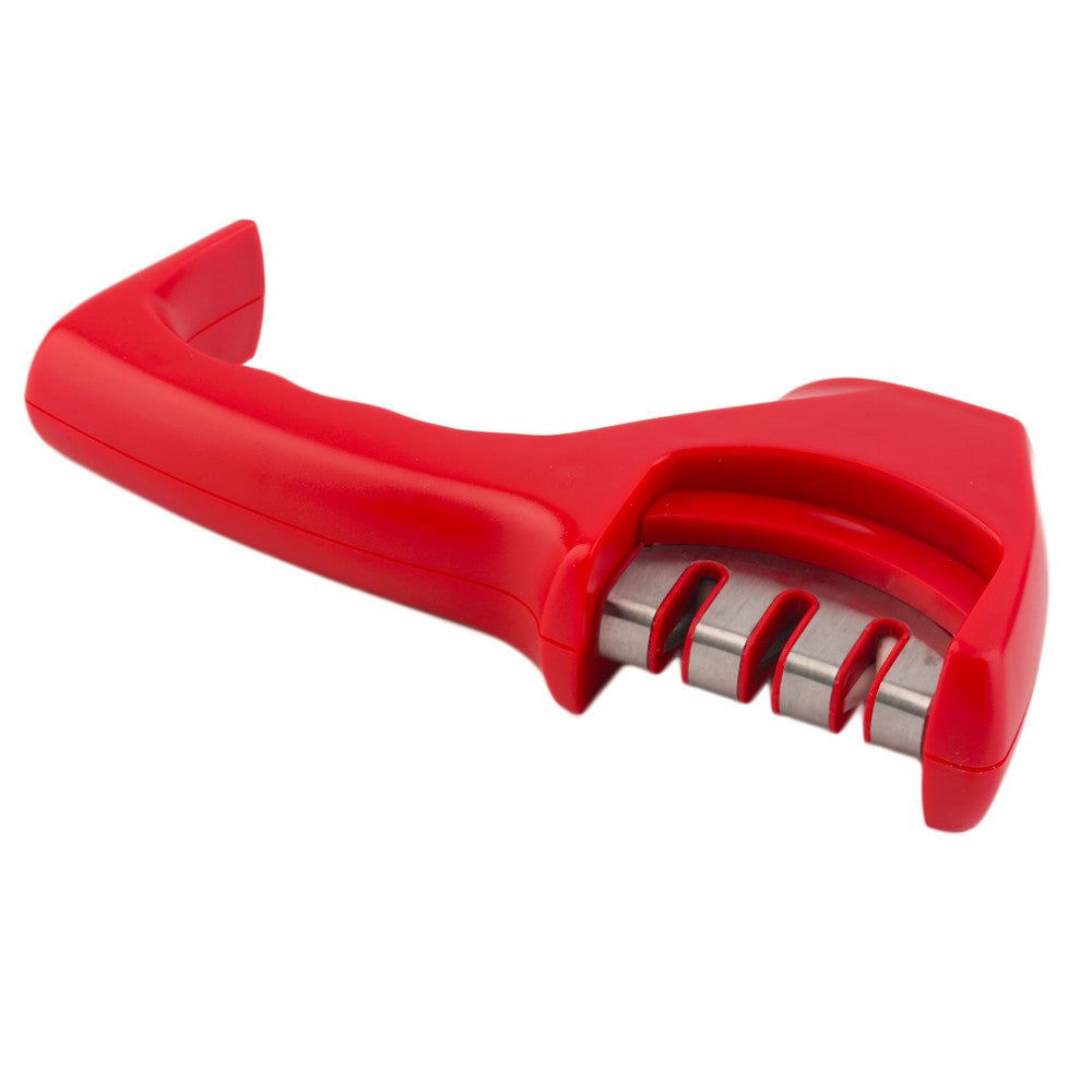 Red Shopi Vella professional knife sharpener with ergonomic handle for easy and efficient sharpening