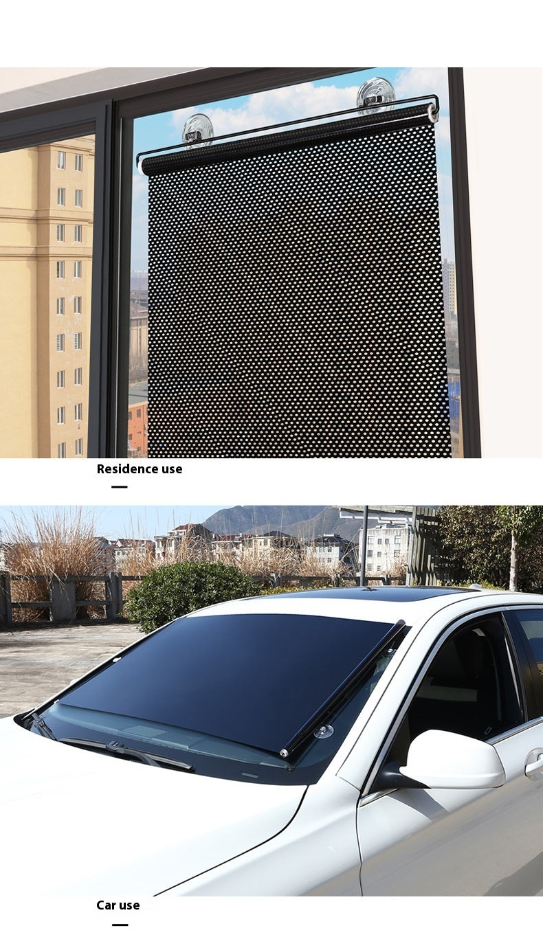 Shopi Vella punch-free balcony shutter curtains shown installed on a balcony window and as a car windshield sunshade