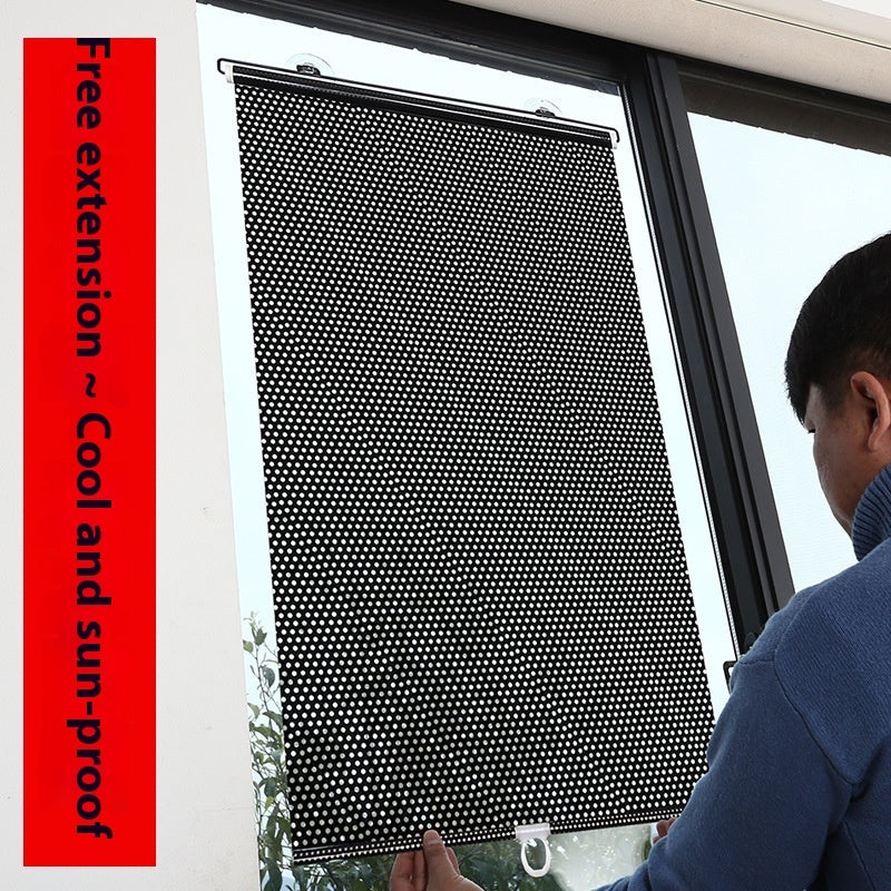Shopi Vella black punch-free balcony shutter curtain installed on a window with a man adjusting it