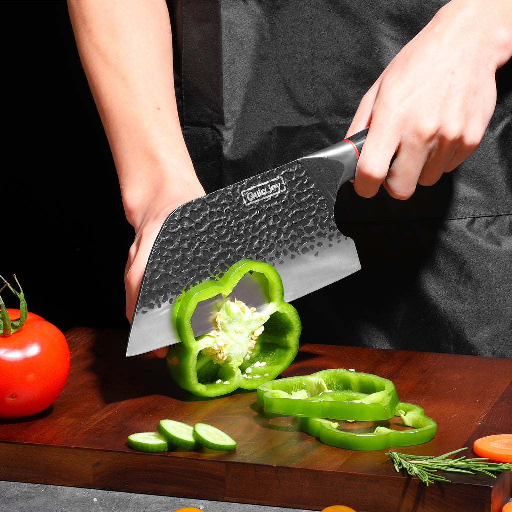 Shopi Vella professional butcher knife for home kitchen cutting green bell pepper on wooden board