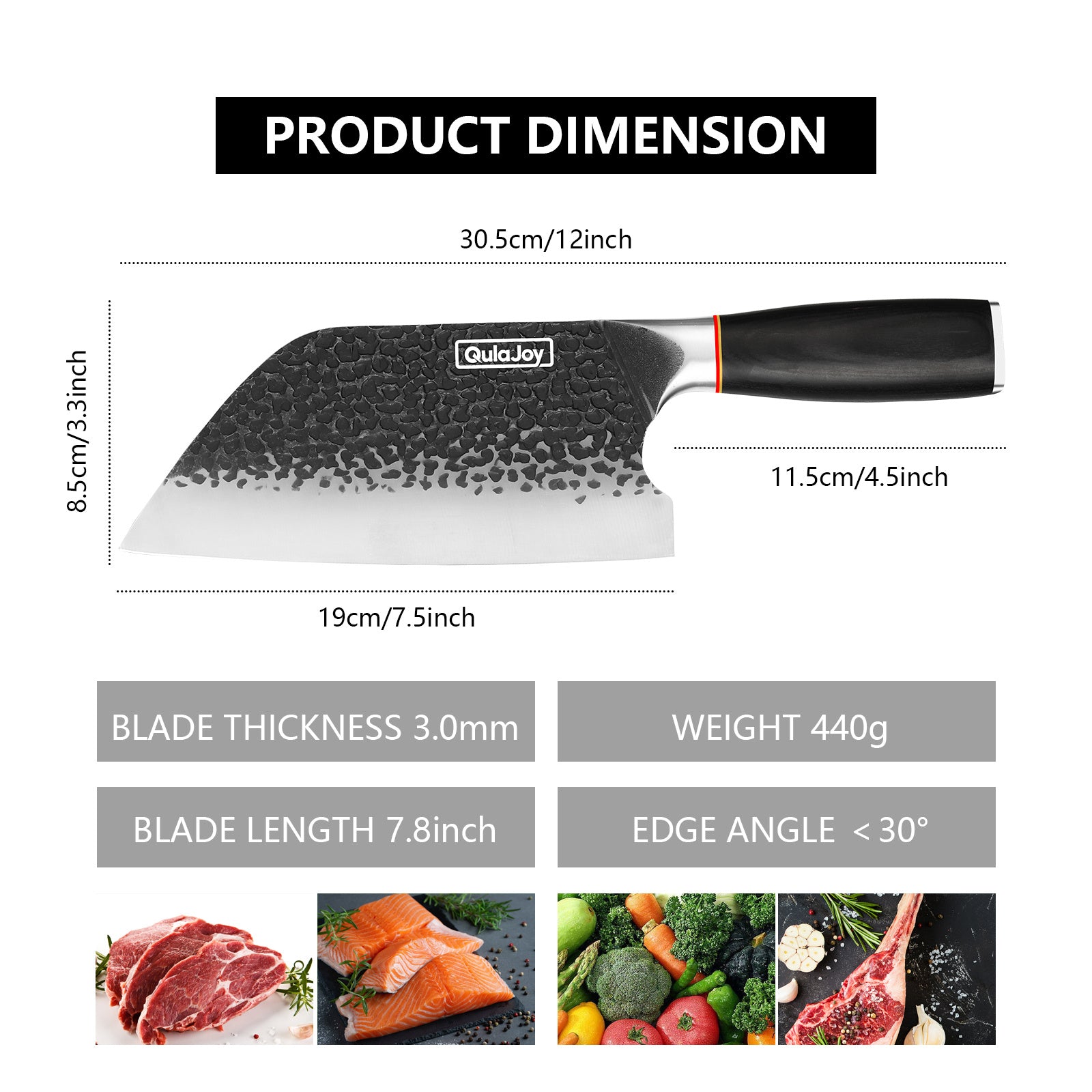 Professional butcher knife for home kitchen with 7.8 inch blade and ergonomic black handle