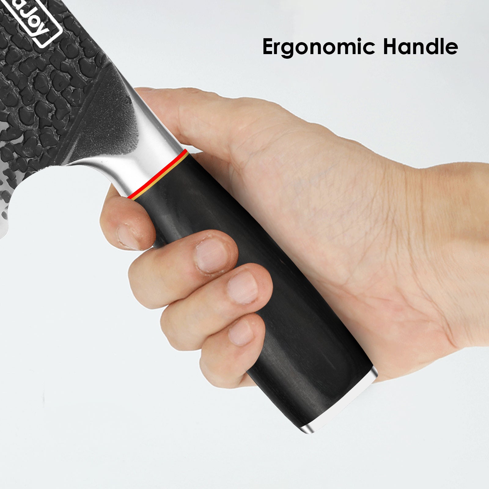 Hand holding ergonomic handle of professional butcher knife for home kitchen by Shopi Vella