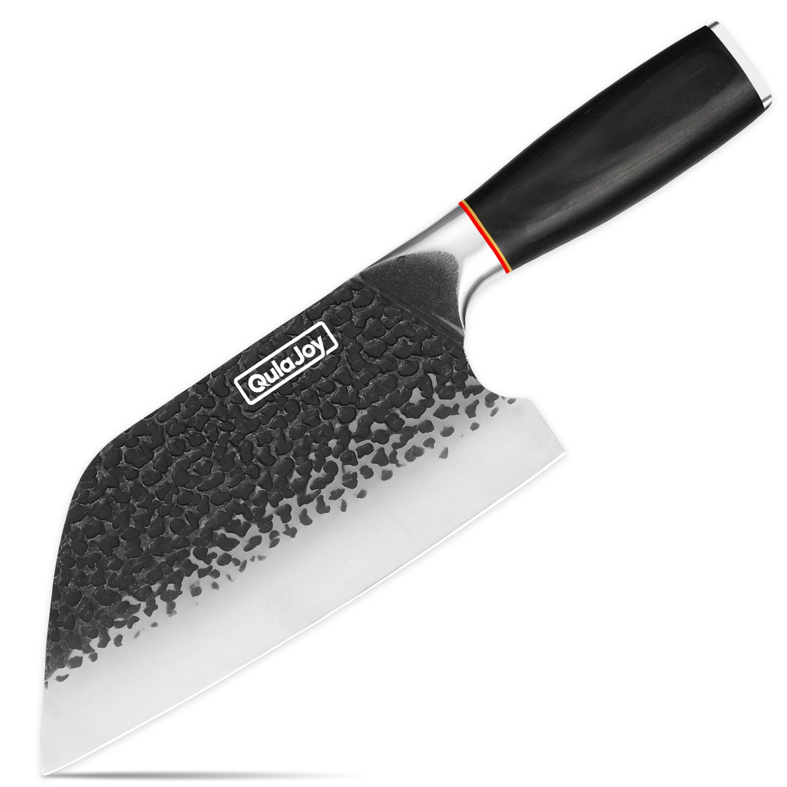 Professional butcher knife for home kitchen with hammered textured blade and ergonomic black handle
