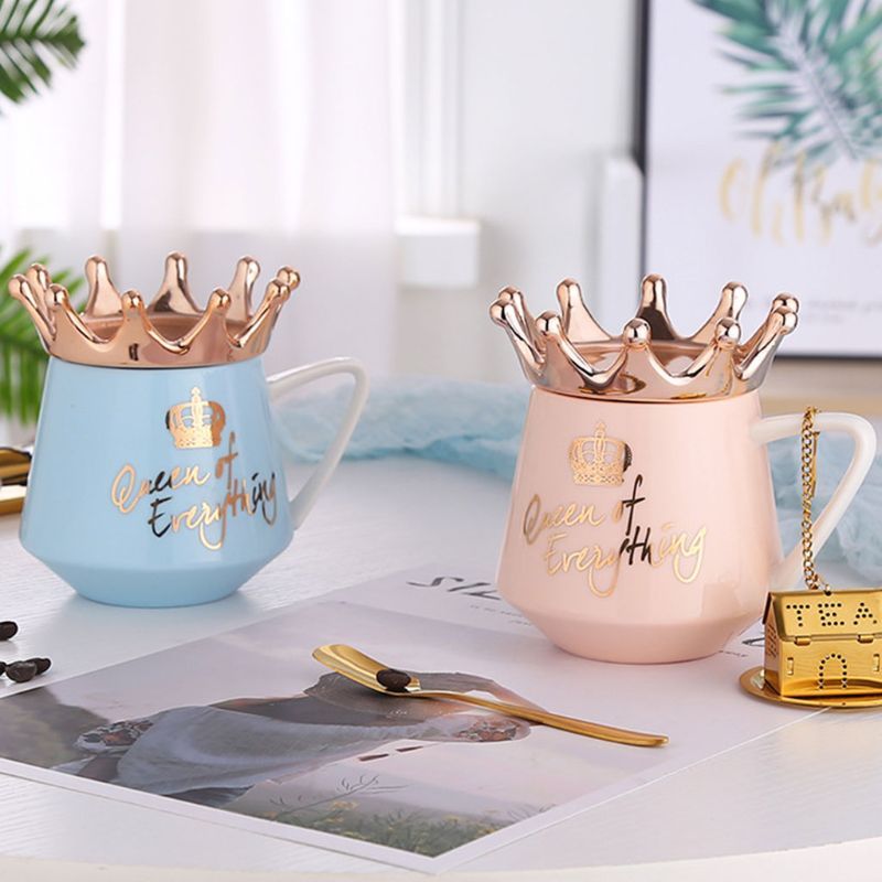 Shopi Vella queen mug with gold crown in pink and blue with elegant lettering for stylish drinkware