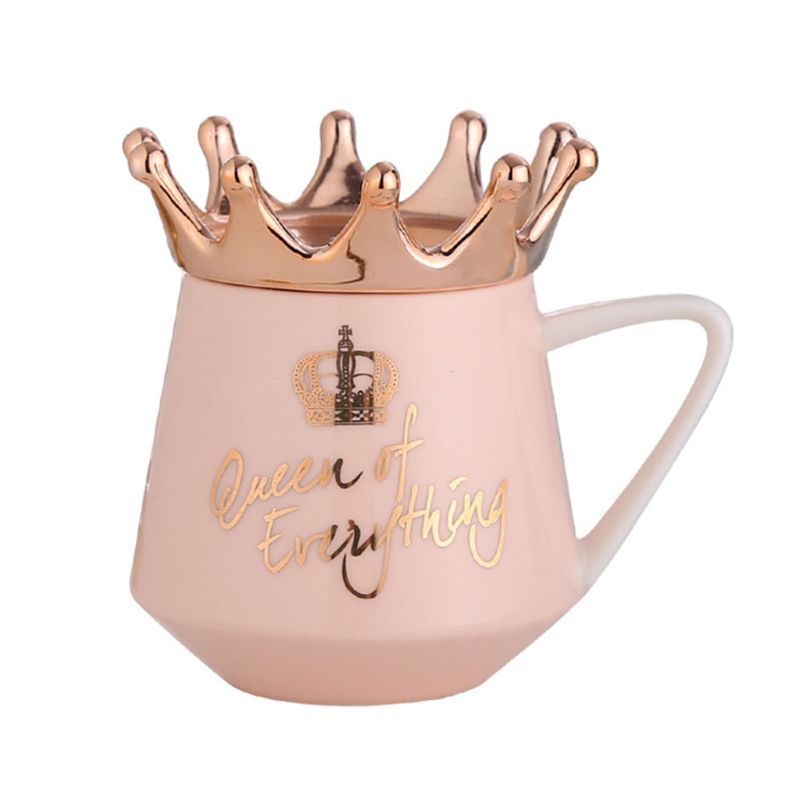 Shopi Vella queen mug with gold crown ceramic pink coffee cup with decorative lid and gold lettering