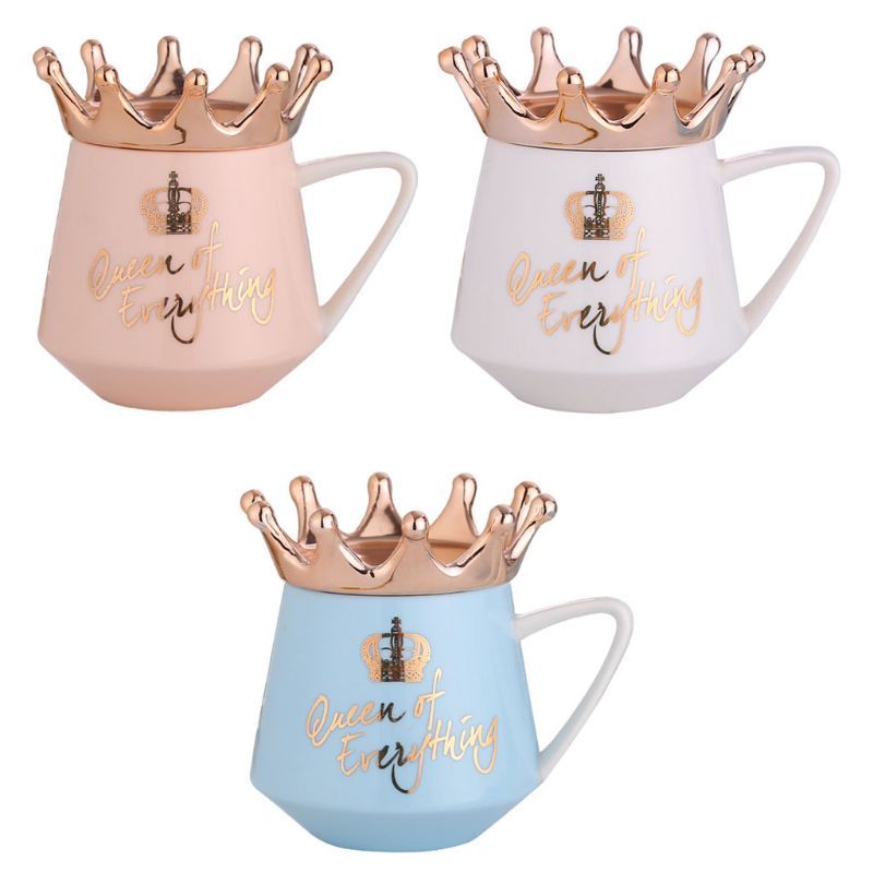 Shopi Vella queen mug with gold crown in pink white and blue colors with queen of everything text