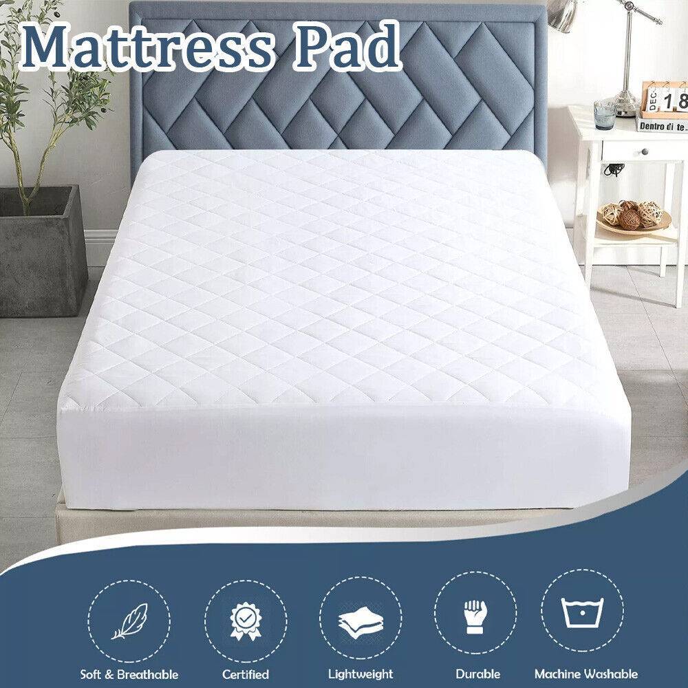 Shopi Vella quilted mattress pad cover on bed with soft breathable lightweight and machine washable features