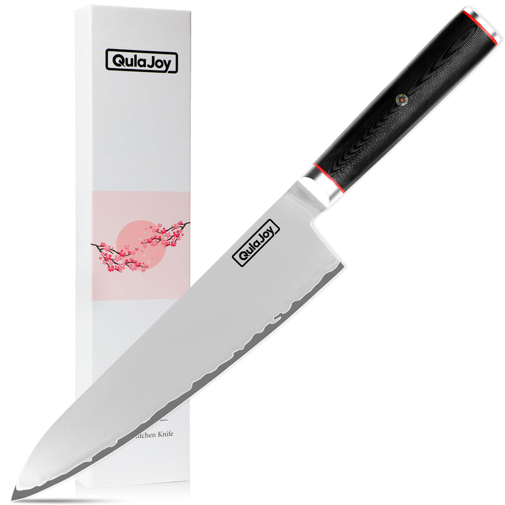 QulaJoy kitchen knife with black handle and 10Cr15MoV steel slicing knife blade next to white packaging box