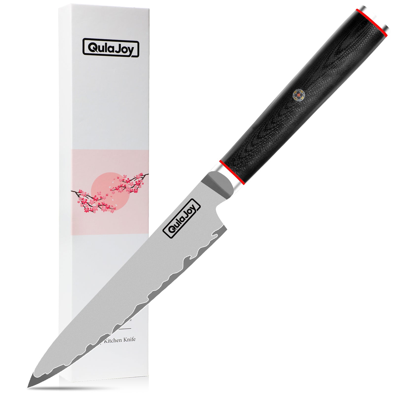 QulaJoy 10Cr15MoV steel slicing knife with black handle and serrated blade next to decorative white box