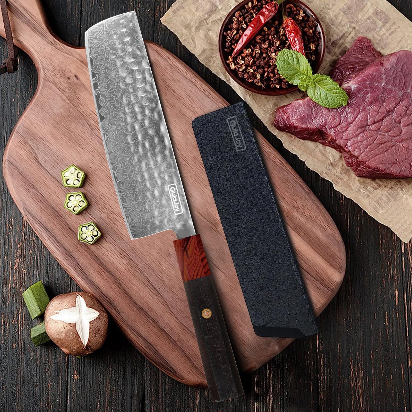 Damascus knife with African rosewood handle on wooden cutting board with fresh meat and spices
