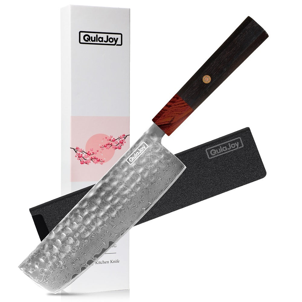 Damascus knife with African rosewood handle featuring a hammered blade and protective black sheath