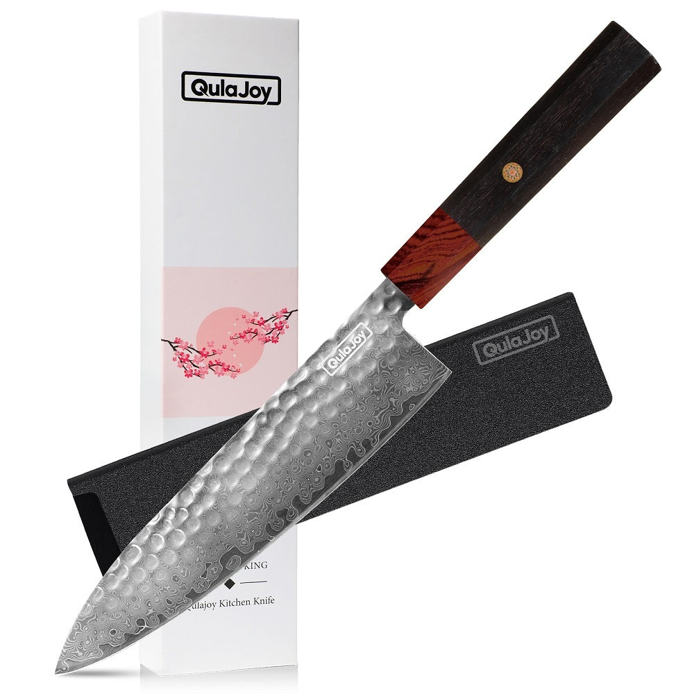Damascus knife with African rosewood handle featuring hammered blade and protective sheath